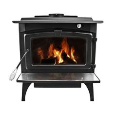 a black stove with fire burning in it