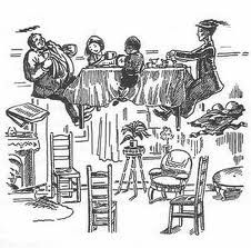 an old black and white drawing of people sitting at a table