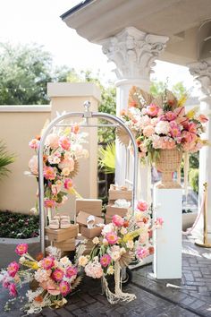 floral-hotel-cart-with-steve-madden-shoes Floral Entrance, Brand Activation, Yard Sculptures, Summer Pool Party, Event Branding, Grand Entrance, Floral Display