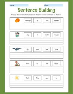 the sentence building worksheet for kids to practice spelling and writing with pictures on it