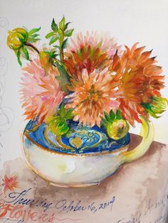 a painting of flowers in a blue and white bowl