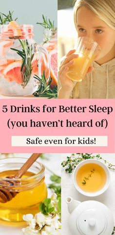 Picture of tea, little girl drinking a juice, cup of grapefruit juice, picture of honey Sleep Drinks Bedtime, Natural Sleep Remedies For Kids, Magnesium Drink, Pregnant Drinks, Natural Medicines, Cherry Drink, Easy Juice Recipes, Food For Sleep, Kid Friendly Drinks