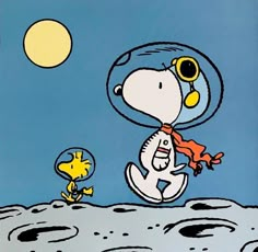 a painting of a dog and duck on the moon