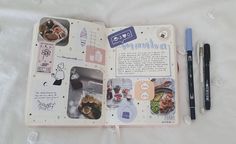 an open notebook with pictures and writing on it