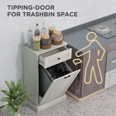 an open trash can in front of a kitchen counter with the words tipping - door for trashbin space