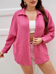 Oversized Button Up Shirt, Jacket Buttons, Plus Size Blouses, Drop Shoulder, Women's Blazer, Hot Pink