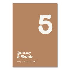 a brown and white wedding card with the number five printed on it's front