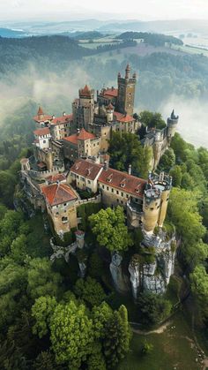 an aerial view of a castle in the middle of trees