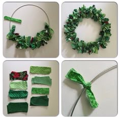 four pictures showing how to make a christmas wreath with green ribbon and red poinsettis