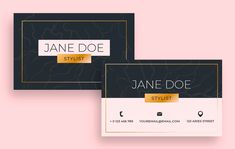 two black and gold business cards on a pink background