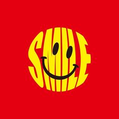 a smiley face on a red background with the word smile written in yellow and black