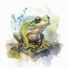 a watercolor painting of a frog sitting on top of a piece of paper with paint splatters all over it