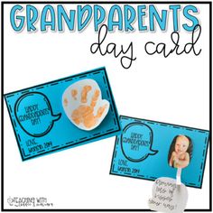 grandparents day card with handprinted pictures and text on the front, and an image of a child's handprint