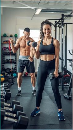 a man and woman doing exercises in the gym