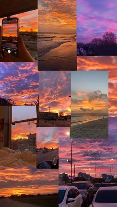 multiple pictures of different sunsets and clouds in the sky with cars parked on the street