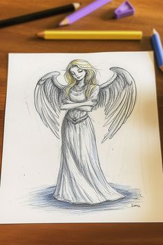 A simple and elegant graffiti drawing of an angel with a serene expression, featuring soft pencil lines and delicate shading.