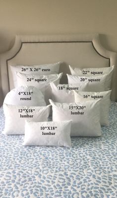 six pillows are arranged on the bed with measurements for each pillow size and how to measure them