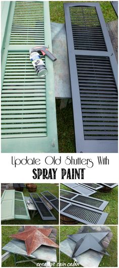 an old shutter with spray paint on it and the words updating old shutters with spray paint