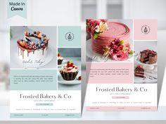 three different cakes and desserts are displayed in this brochure style photobook