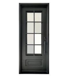 a black front door with glass panels on the side and an open window above it