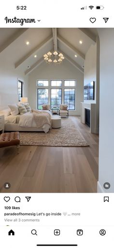 an instagram photo of a bedroom with white walls and wood floors