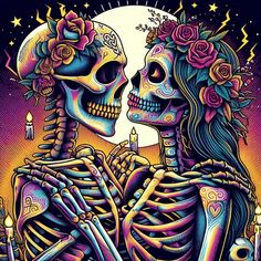 two skeletons in love with candles and roses on their heads, one holding the other's head