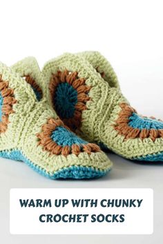 Warm, multicolored crochet socks with a text overlay: "Warm Up with Chunky Crochet Socks". Crochet Granny Hexagon, Yarn Slippers, Slippers Crochet Pattern, Granny Square Slippers, Bernat Super Value Yarn, Granny Hexagon, Crochet Slipper, Crochet Slippers Free Pattern