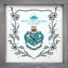 the emblem for zeta tau alpha is shown in a frame with flowers and leaves