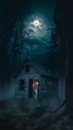 an old house in the woods at night with a full moon and bats flying overhead