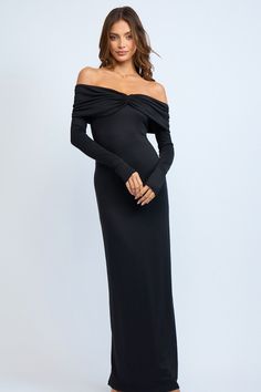 This Beatrice Off the Shoulder maxi is designed to fit like a glove, with added stretch for maximum comfort. The off-the-shoulder style adds a touch of elegance, and the versatile design allows for easy dressing up or down. Perfect for any occasion. True to size model is wearing size small Off The Shoulder, Maxi Dress, Black, Design