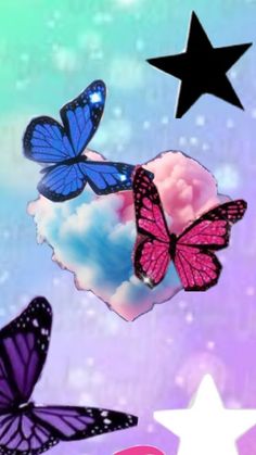 three purple butterflies flying in the sky with stars above them on a blue and pink background