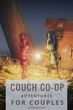 two people standing next to each other in front of an open suitcase with the words couch - co - op adventures for couples