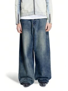 Men's Light Blue Washed Baggy Jeans Dark Wash    Denim Plain Straight Leg Non-Stretch  Men Clothing, size features are:Bust: ,Length: ,Sleeve Length: Bagy Jeans, Light Wash Baggy Jeans, Aespa Concert, Wide Leg Baggy Jeans, Blue Baggy Jeans, Outfit Pieces, Mens Fade, Nylon Leggings, Warm Leggings