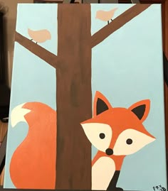 an acrylic painting of a fox and bird on a tree