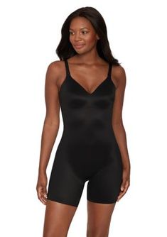 Designed with a firm control low neckline and deep V-back that slims the tummy, hips, midriff and backside, this bodyshaper from Miraclesuit is enhanced with two-ply molded cups for smooth support of the bust. Complete with Wonderful Edge silicone strips around the legs for no show/no ride and a split, breathable cotton gusset. | Miraclesuit Women's Showstopper Low Back All in One Bike Short Bodyshaper, Black, X-Large Low Neckline, Fancy Dress For Kids, Sport Shoes Women, Fancy Dress Costumes, Mens Sportswear, Body Shapers, Jogger Jeans, Costume Dress, Bike Shorts