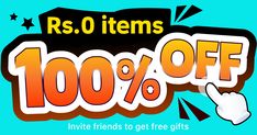 an advertisement for rs 0 items with the words, 100 % off on all products