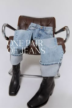 a pair of jeans sitting on top of a chair with the words, one pair of jeans