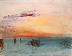 a painting of people standing in the water at sunset