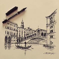 an ink drawing of a bridge and gondola in venice