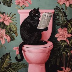 a black cat sitting on top of a pink toilet in front of a wallpaper