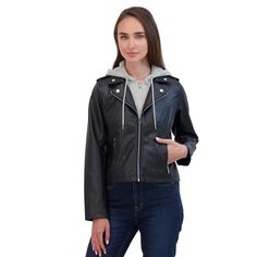 This stylish women's faux leather hooded moto jacket from Sebby is sure to quickly become a staple in your closet.Click on this WOMEN'S GUIDE to find the perfect fit and more! This stylish women's faux leather hooded moto jacket from Sebby is sure to quickly become a staple in your closet. Click on this WOMEN'S GUIDE to find the perfect fit and more! FEATURES Attached hood Zipper front closure Long sleeves 2 functional zipper pockets Soft faux leather construction with fleece inner hood & bib Fu Faux Leather Jacket, Faux Leather Jackets, Outerwear Coats, Moto Jacket, Stylish Women, Gender Female, What To Wear, Age Group, Coats Jackets