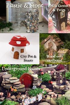 several pictures of different houses and gardens in the same photo, with text that reads plastic & stone clay pot & source underground house