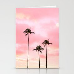 three palm trees against a pink sky at sunset