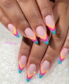 Neon Pastel Nails, Tie Nail Designs, Color French Nails Summer, Pan Pride Nails, Funky French Nails, Neon Nails Acrylic, Neon French Nails, Summer Nails 2023, Neon Nail Art