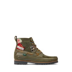 An array of Ralph Lauren’s exclusive outdoors-themed patches accent this rugged suede boot which is paneled with waxed twill at the shaft. It is finished with utilitarian-inspired lacing a hand-stitched toe and a leather welt. It Is Finished, Suede Boots, Boots Men, Shoes Mens, Ralph Lauren, Mens Outfits, Boots, Leather