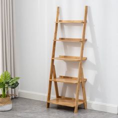 a wooden ladder leaning against a white wall next to a potted plant on the floor