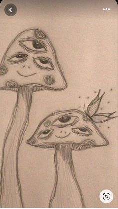 pencil drawing of two mushrooms with faces on them