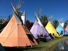 several teepees are lined up on the grass near water and palm trees in the background