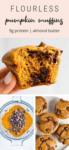 pumpkin muffins with chocolate chips in the middle and an image of cookies on top