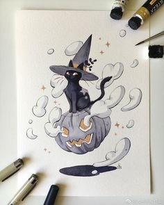 a drawing of a cat in a witches hat on top of a jack - o'- lantern